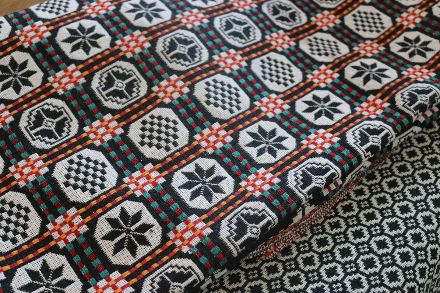 Handwoven khes in black and ivory with geometric octagonal motifs and multicolor grid – Bistaray