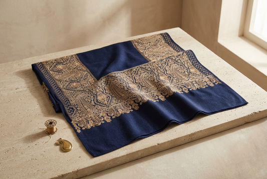Close-up image of a pure pashmina scarf displaying intricate paisley patterns in gold on a navy blue background.