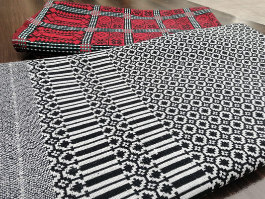Close‑up of Black & White Cotton Majnu Khes showing geometric double‑cloth pattern and texture