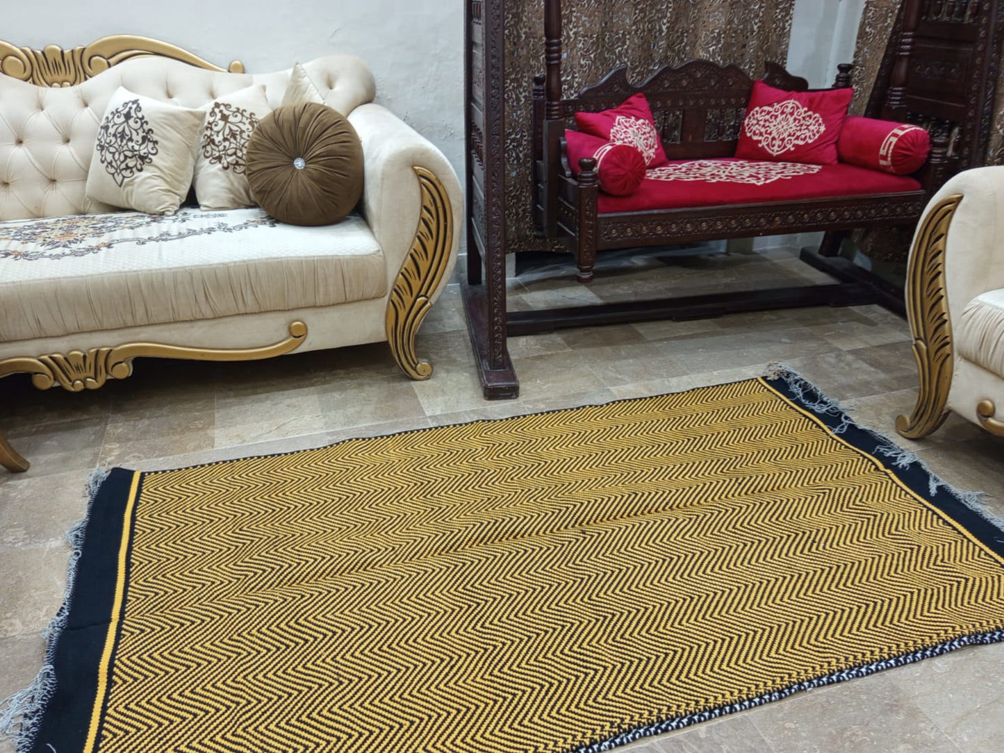 Macaroon Yellow & Black Dhurrie/Rug (Handwoven)