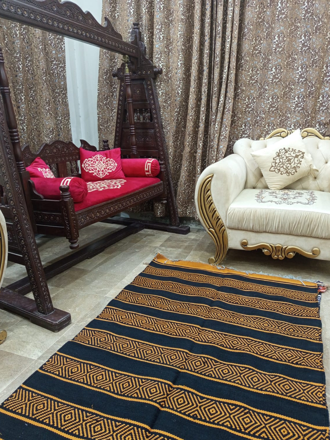 Mustard & Black Floor Dhurrie/Rug (Handwoven)