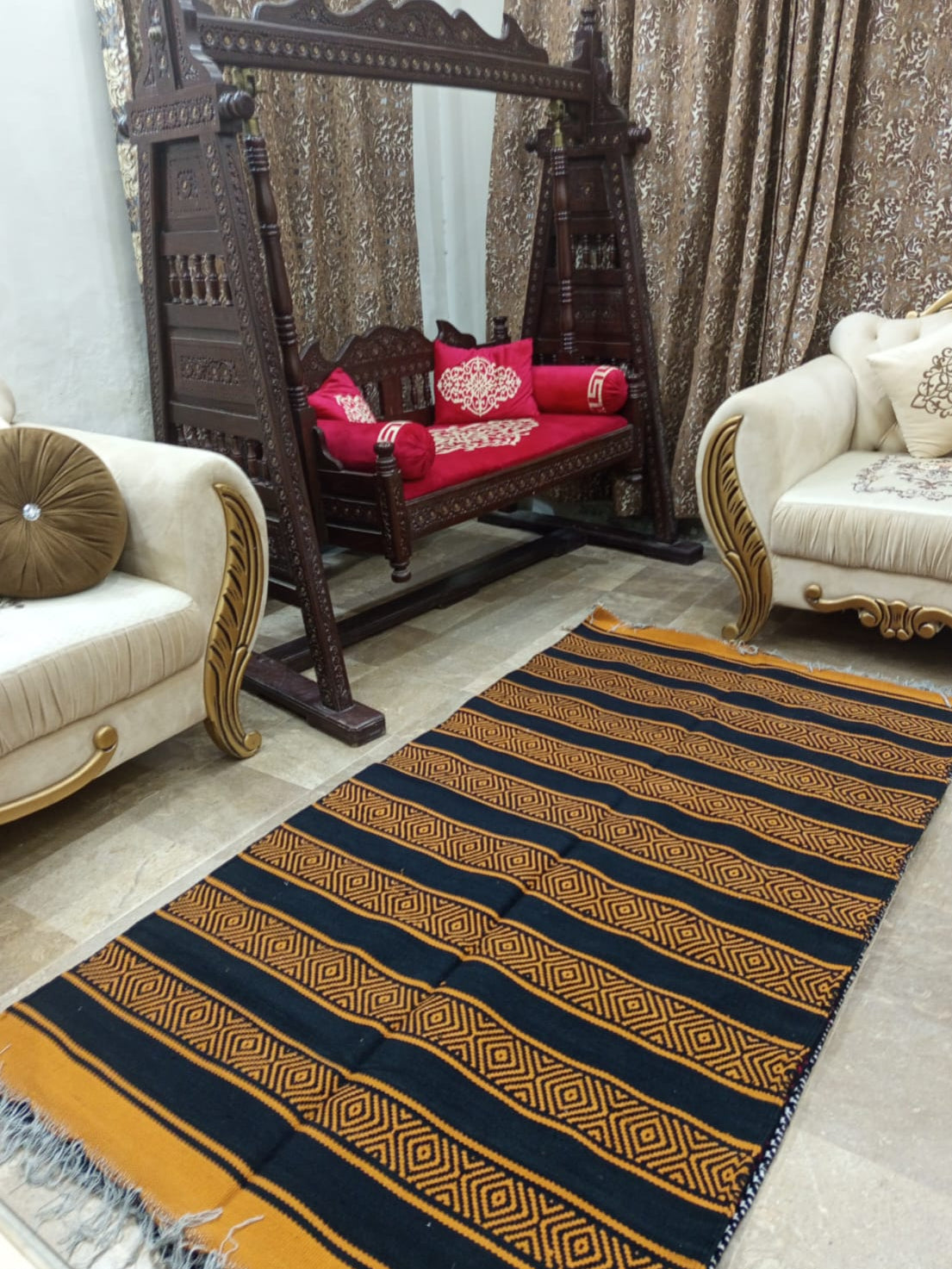 Mustard & Black Floor Dhurrie/Rug (Handwoven)