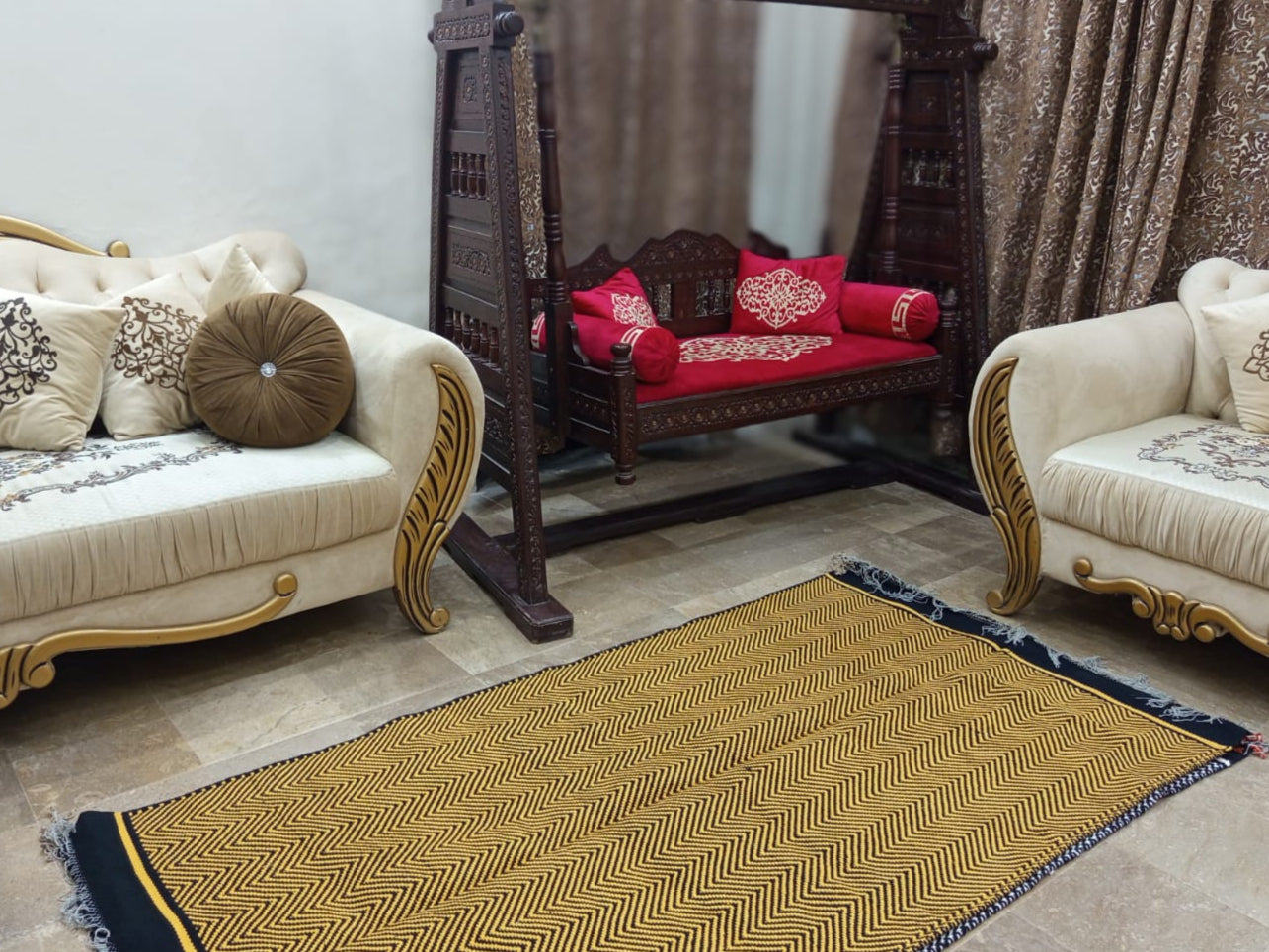 Macaroon Yellow & Black Dhurrie/Rug (Handwoven)