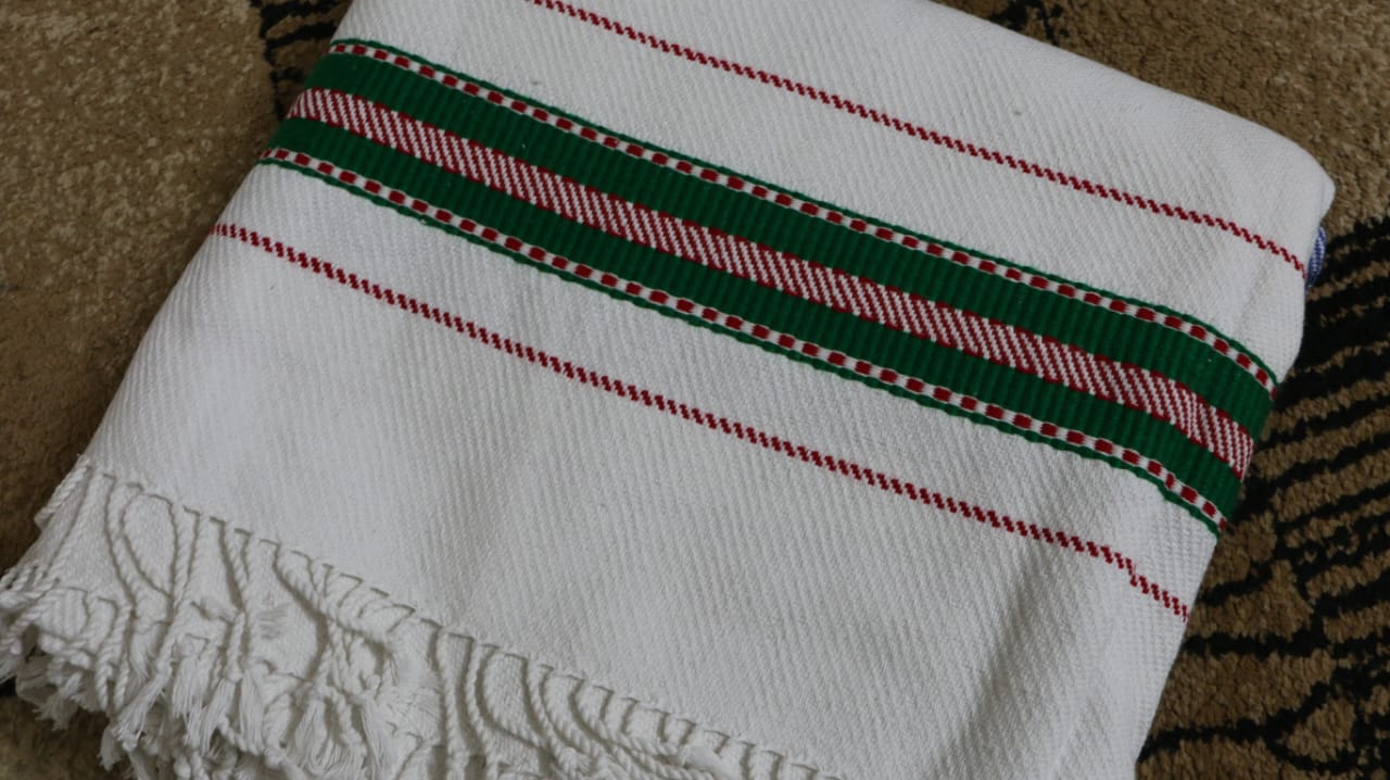 White Cotton Khes with Green stripes