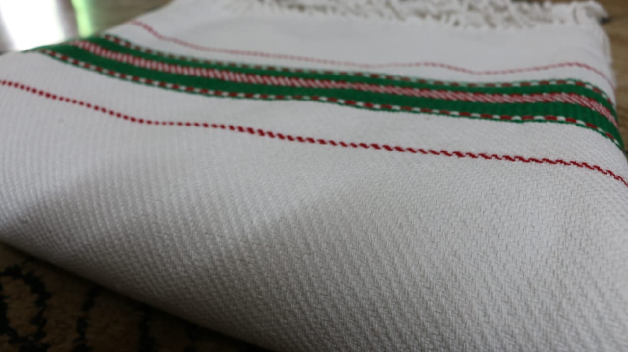 White Cotton Khes with Green stripes