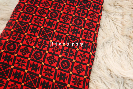 Red and black patterned fabric with 'Bistaray' branding on a white textured background