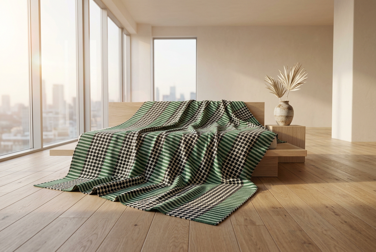 Close-up of fabric with green, black, and white pattern