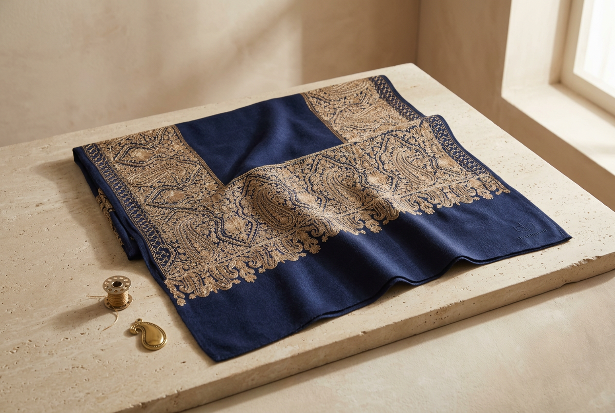 Close-up image of a pure pashmina scarf displaying intricate paisley patterns in gold on a navy blue background.