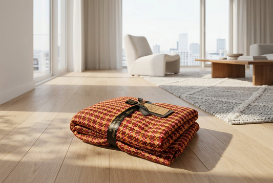 A folded patterned throw blanket with a black ribbon and tag sits on a light wood floor in a bright, modern living room.