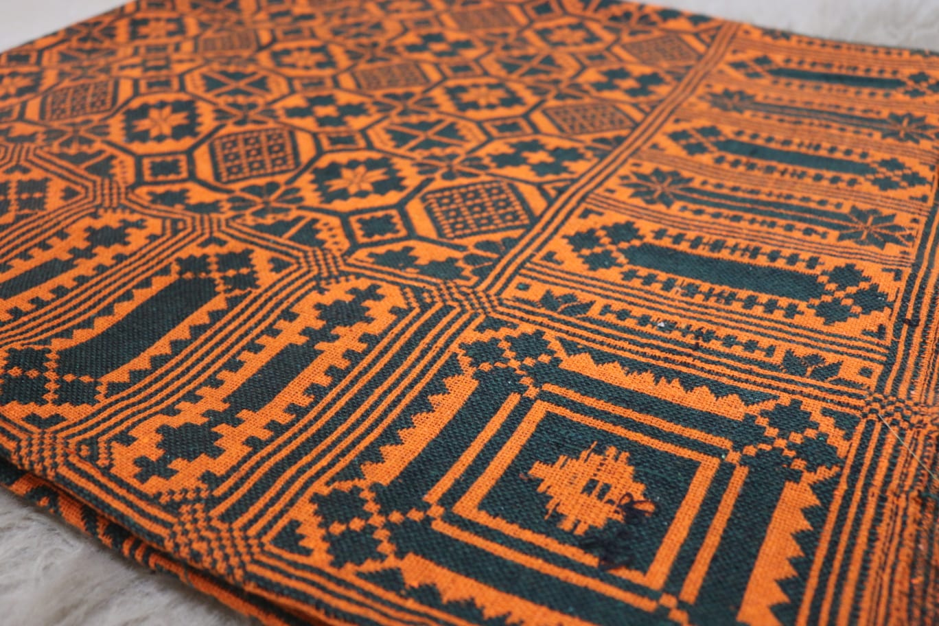 Close-up of orange and black geometric patterned fabric