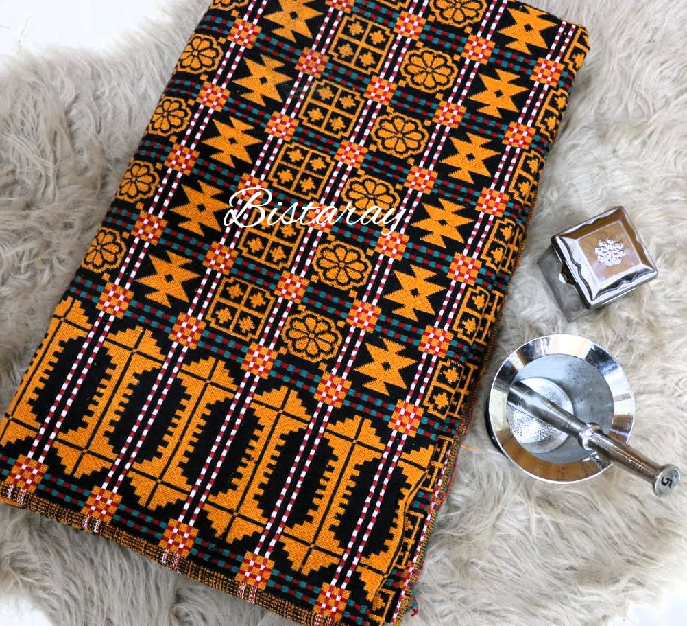 Patterned khes fabric with 'Bistaray' branding on a textured surface