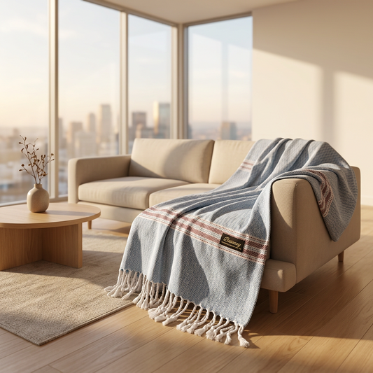 A folded light blue and white herringbone woven throw blanket with fringed edges and red-and-white striped bands, featuring a black woven label that reads 'Biscayay'.