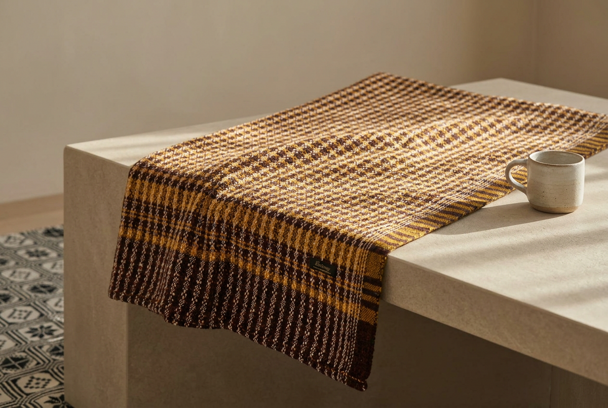 A woven throw blanket with a brown, beige, and yellow geometric pattern draped over a minimalist concrete table next to a ceramic mug.