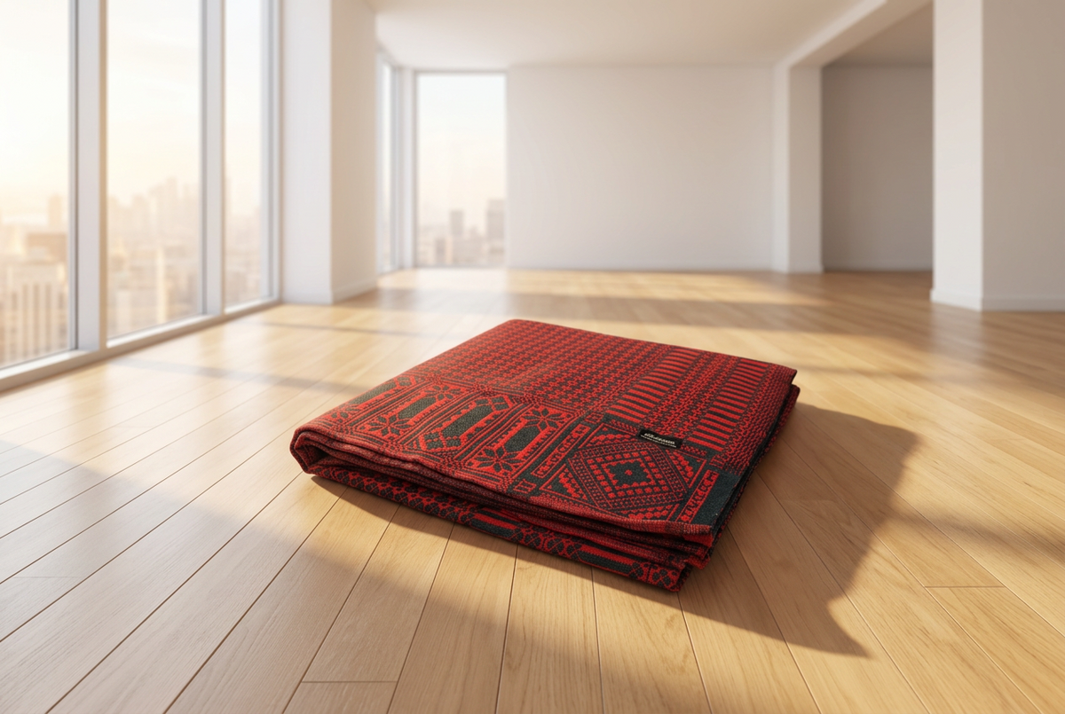 Red and black patterned fabric with a brand label on a textured surface